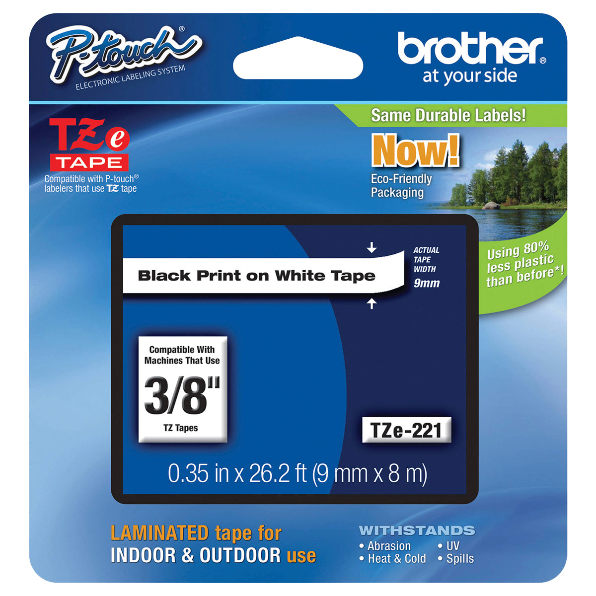 Cinta laminada en negro sobre blanco Modelo TZ221 de 9 mm x 8 metros