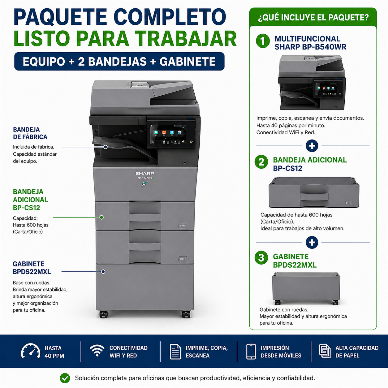 Multifuncional Sharp BP-B540WR monocromático | Bandeja y Gabinete adicional